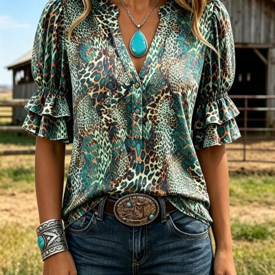 Retro V-neck Printed Flare-sleeve Top