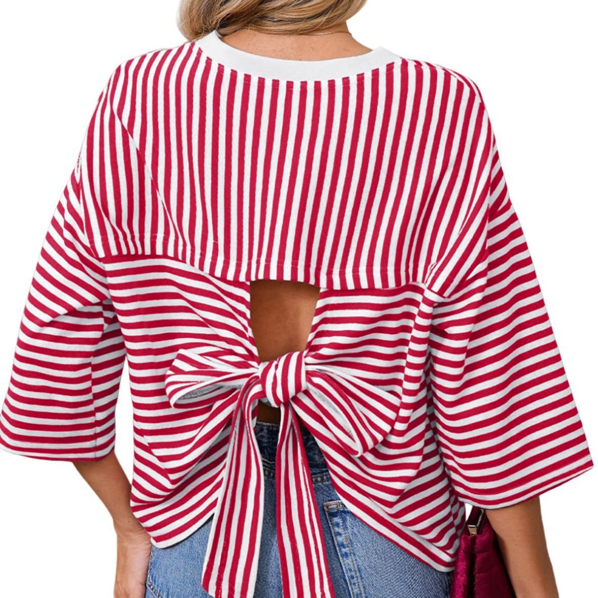 Round-neck Striped Casual Loose-fitting Top With A Back Cutout And Bow Tie Straps