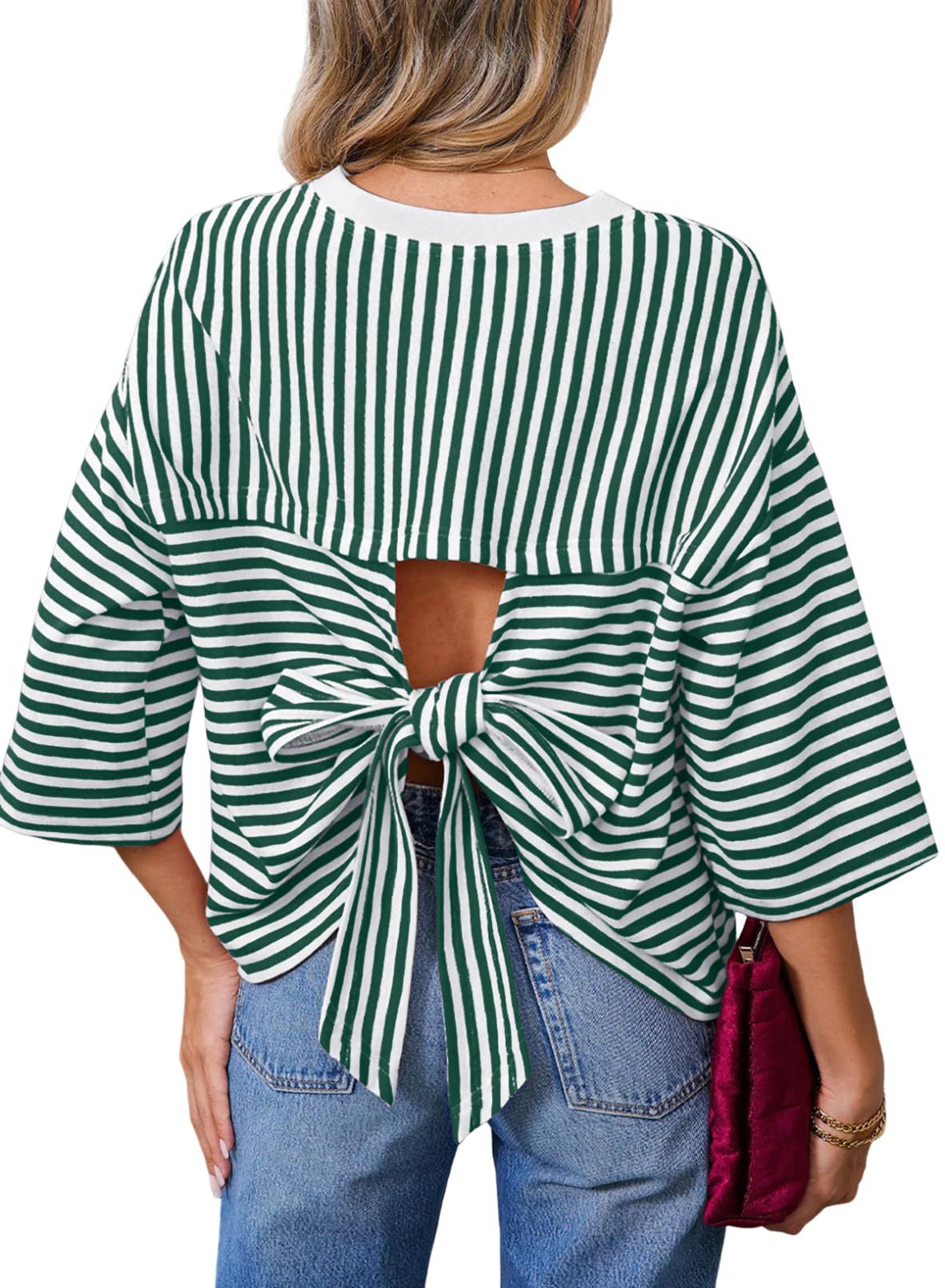Round-neck Striped Casual Loose-fitting Top With A Back Cutout And Bow Tie Straps