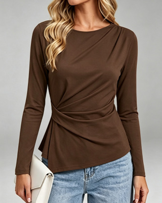 Round-neck Twisted-pleat Long-sleeve Top