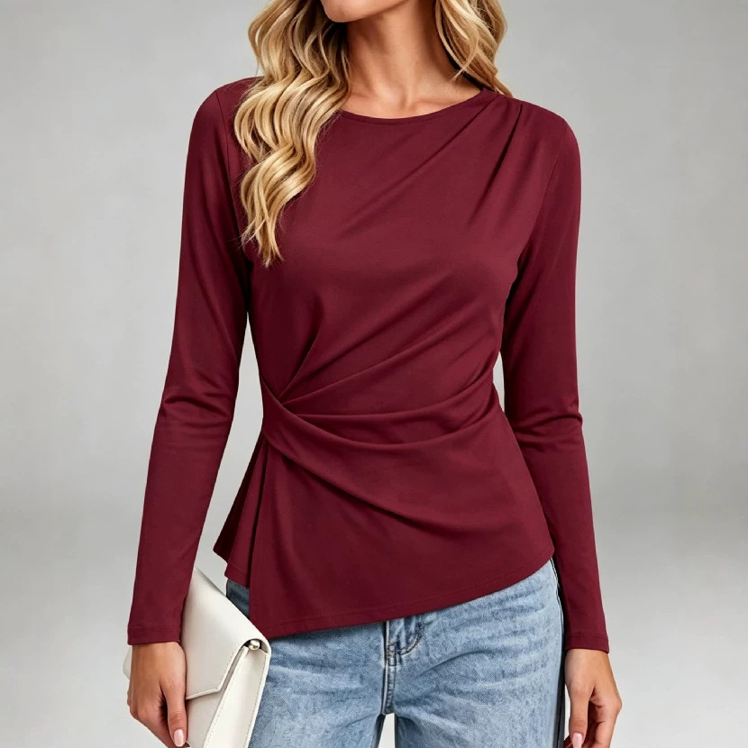 Round-neck Twisted-pleat Long-sleeve Top