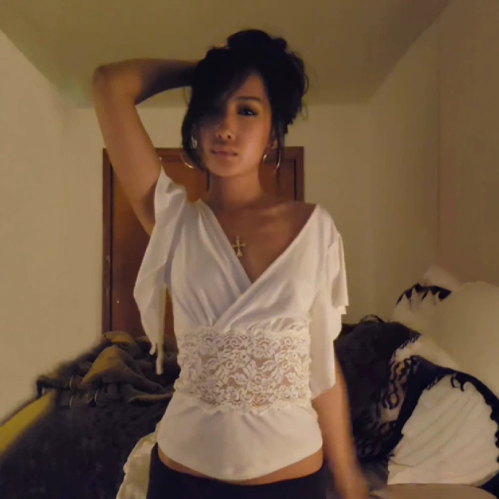 Satin V-neck Cross-design Ruffled Short-sleeve Sheer Lace Crop Top