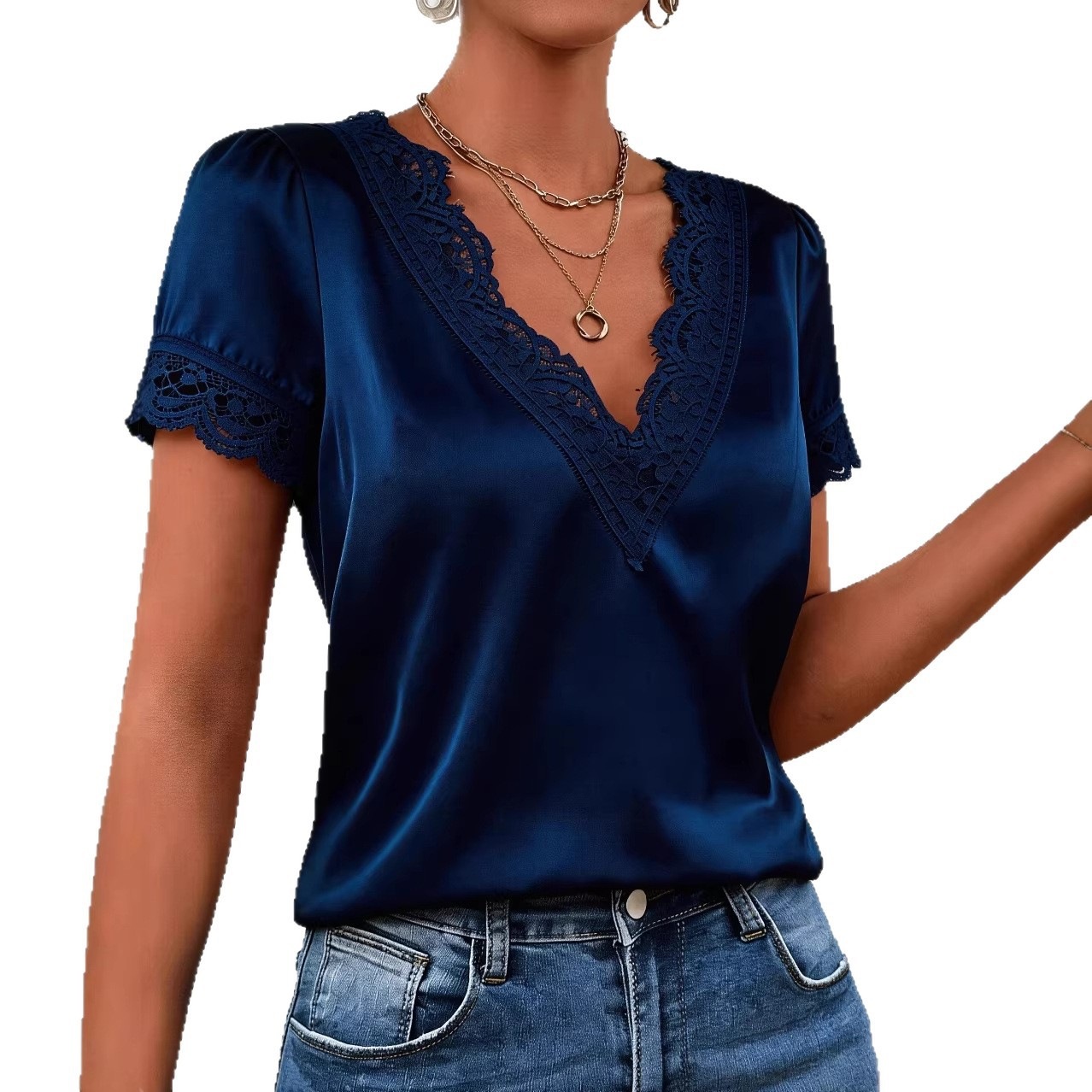 Satin V-neck With Lace Trim Elegant And Soft Relaxed Fit Figure-flattering Top