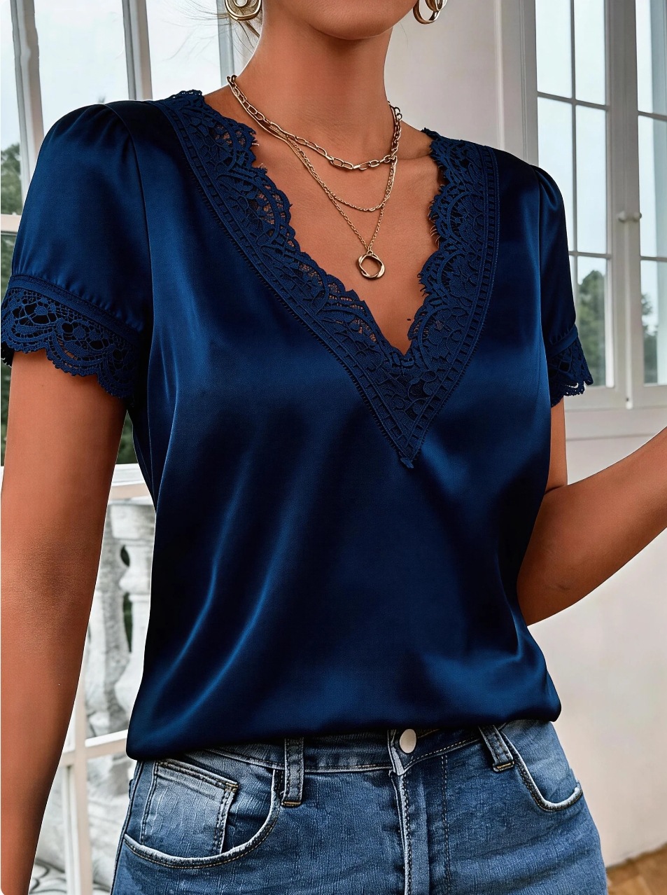 Satin V-neck With Lace Trim Elegant And Soft Relaxed Fit Figure-flattering Top