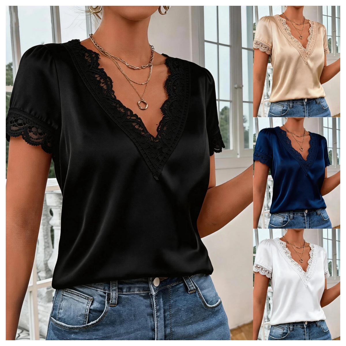 Satin V-neck With Lace Trim Elegant And Soft Relaxed Fit Figure-flattering Top