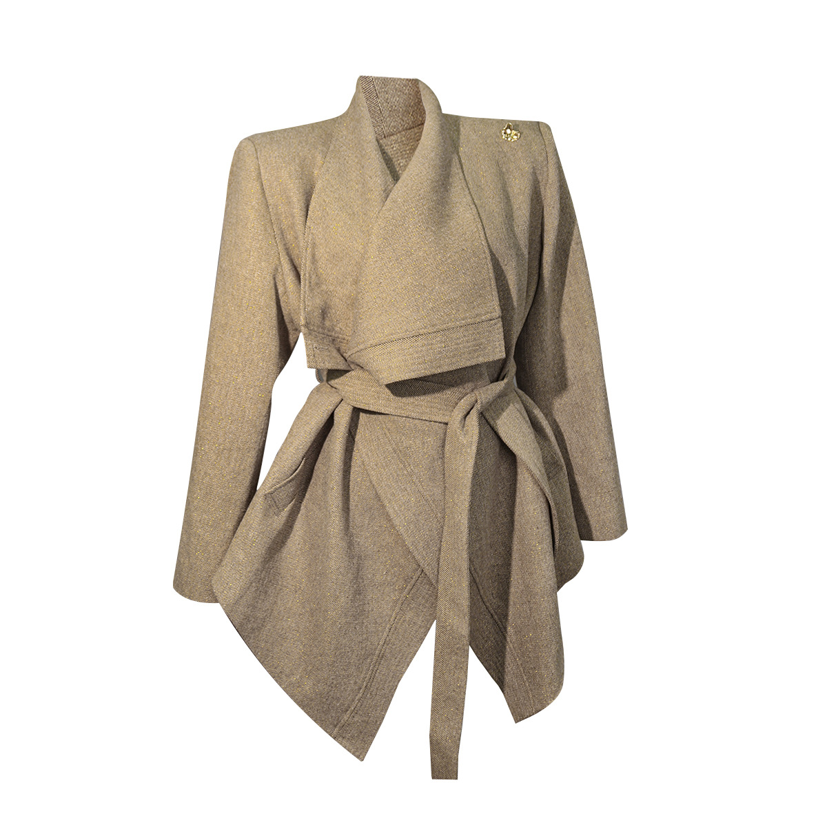 Shimmering Textured Tweed Belted Coat With Statement Wide Lapel