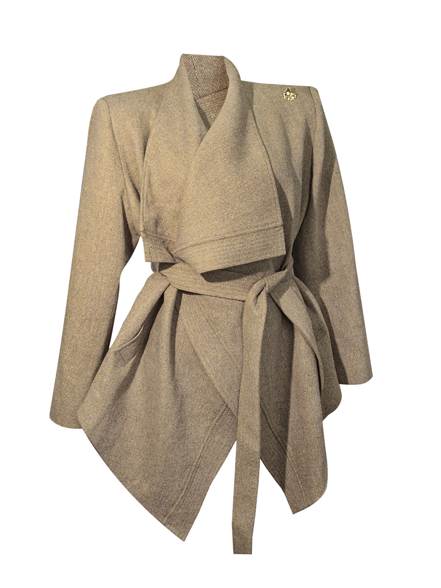 Shimmering Textured Tweed Belted Coat With Statement Wide Lapel