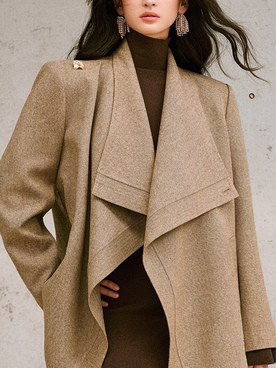 Shimmering Textured Tweed Belted Coat With Statement Wide Lapel