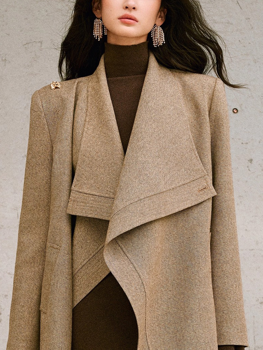 Shimmering Textured Tweed Belted Coat With Statement Wide Lapel