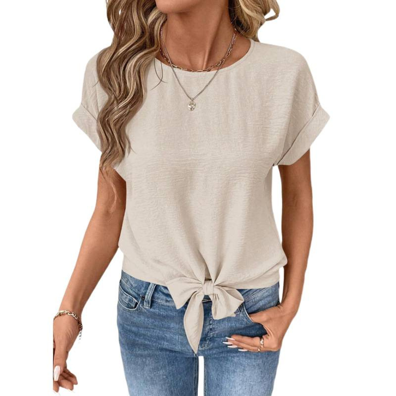 Short-sleeve Fashionable Casual Round-neck Top With A Bow Tie Strap