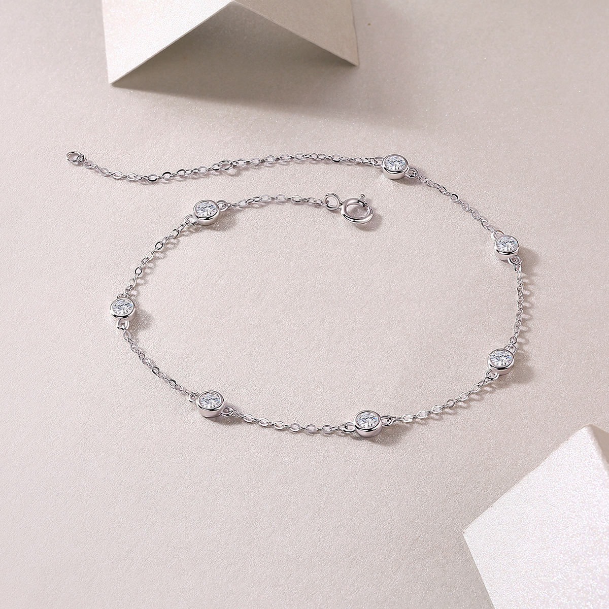 Silver 1.4g Moissanite Bracelet, 7pcs 3mm D VVS1 GRA Certified, 16&5cm Adjustable