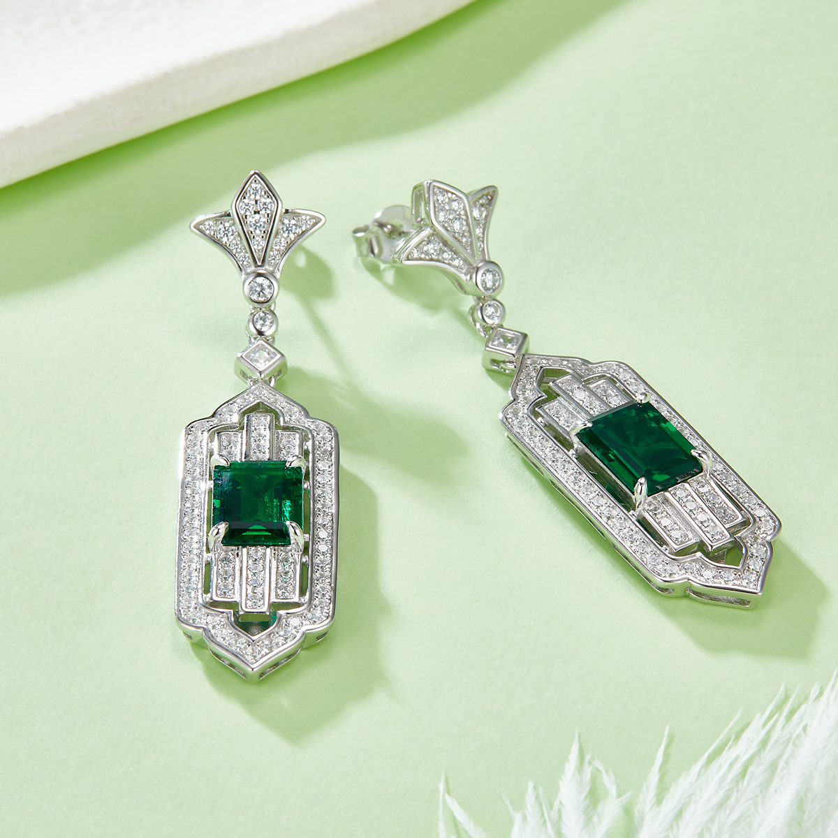 Silver 11.3g Art Deco Lab-Created Emerald Drop Earrings, 3.65ct 9x7mm, Pair