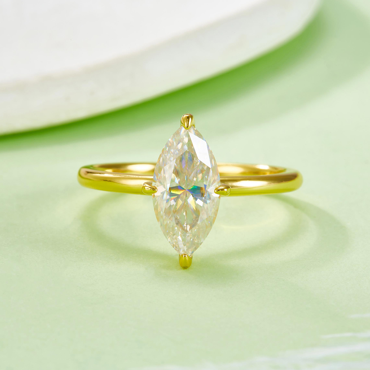 Silver 2.0g Gold Plated 2.0ct Marquise Moissanite Ring, 2x6mm D VVS1, GRA Certified US 5-9