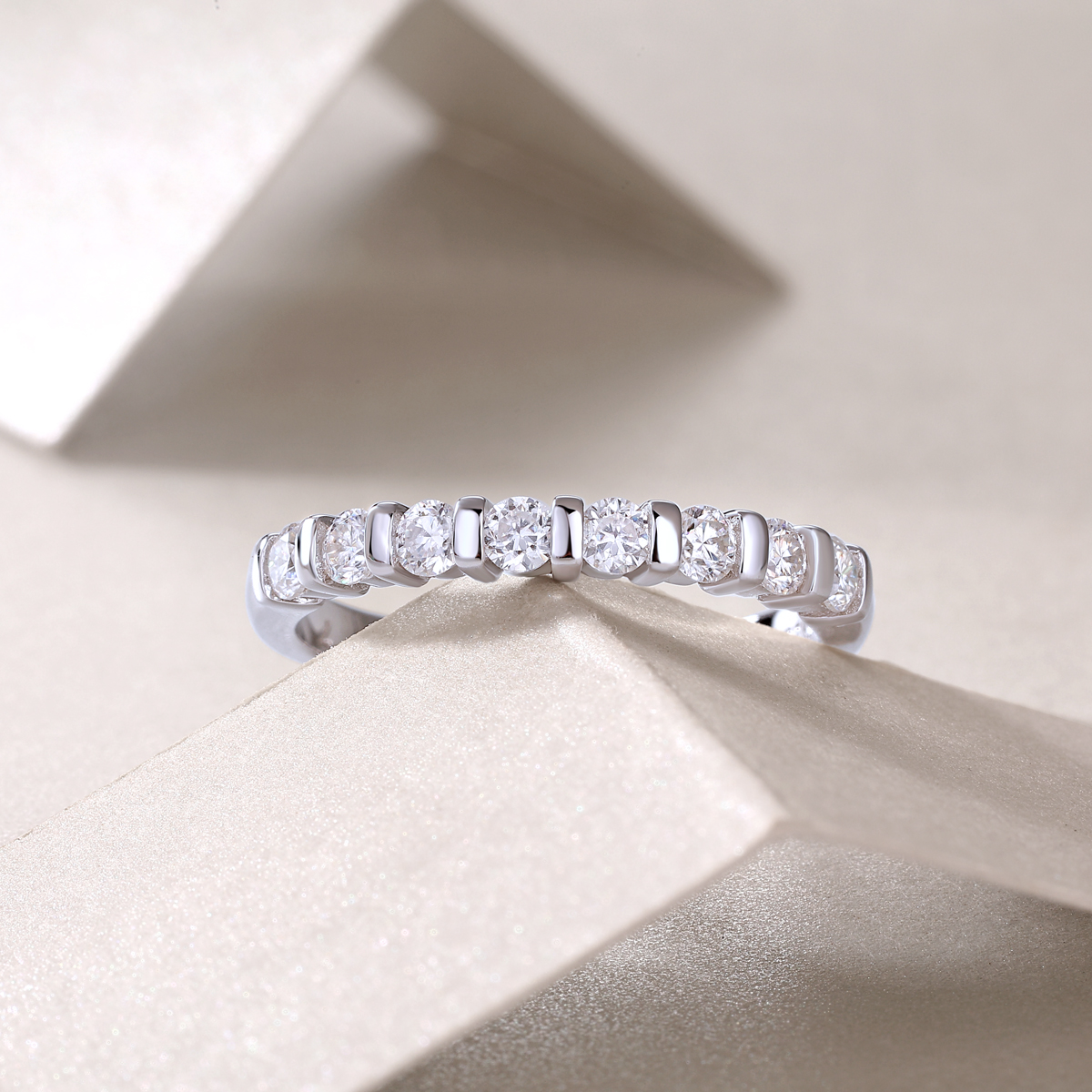 Silver 2.1g Platinum Plated Moissanite Ring, 2.8mm 8pcs D VVS1 Half Eternity Band, GRA