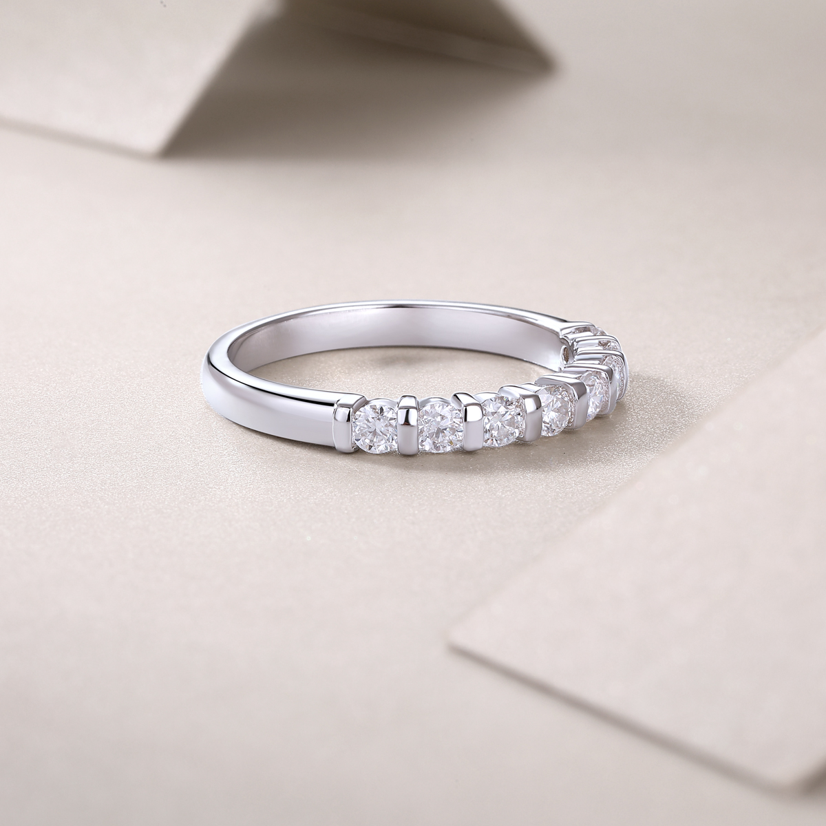 Silver 2.1g Platinum Plated Moissanite Ring, 2.8mm 8pcs D VVS1 Half Eternity Band, GRA