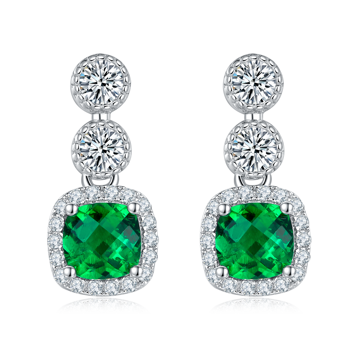 Silver 2.2g Platinum Plated 0.98ct Lab-Created Emerald Drop Earrings, 5mm Halo Studs, Pair