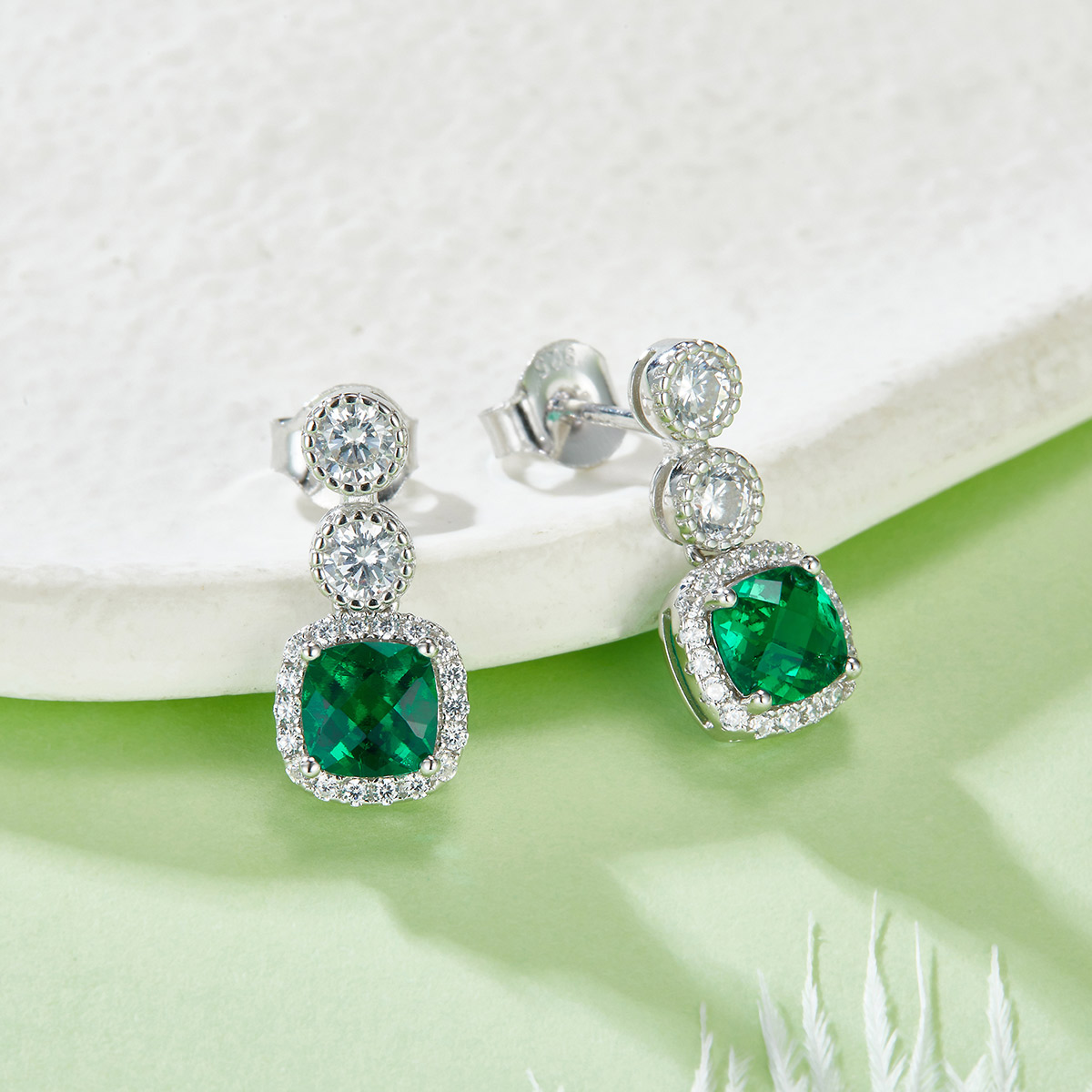 Silver 2.2g Platinum Plated 0.98ct Lab-Created Emerald Drop Earrings, 5mm Halo Studs, Pair