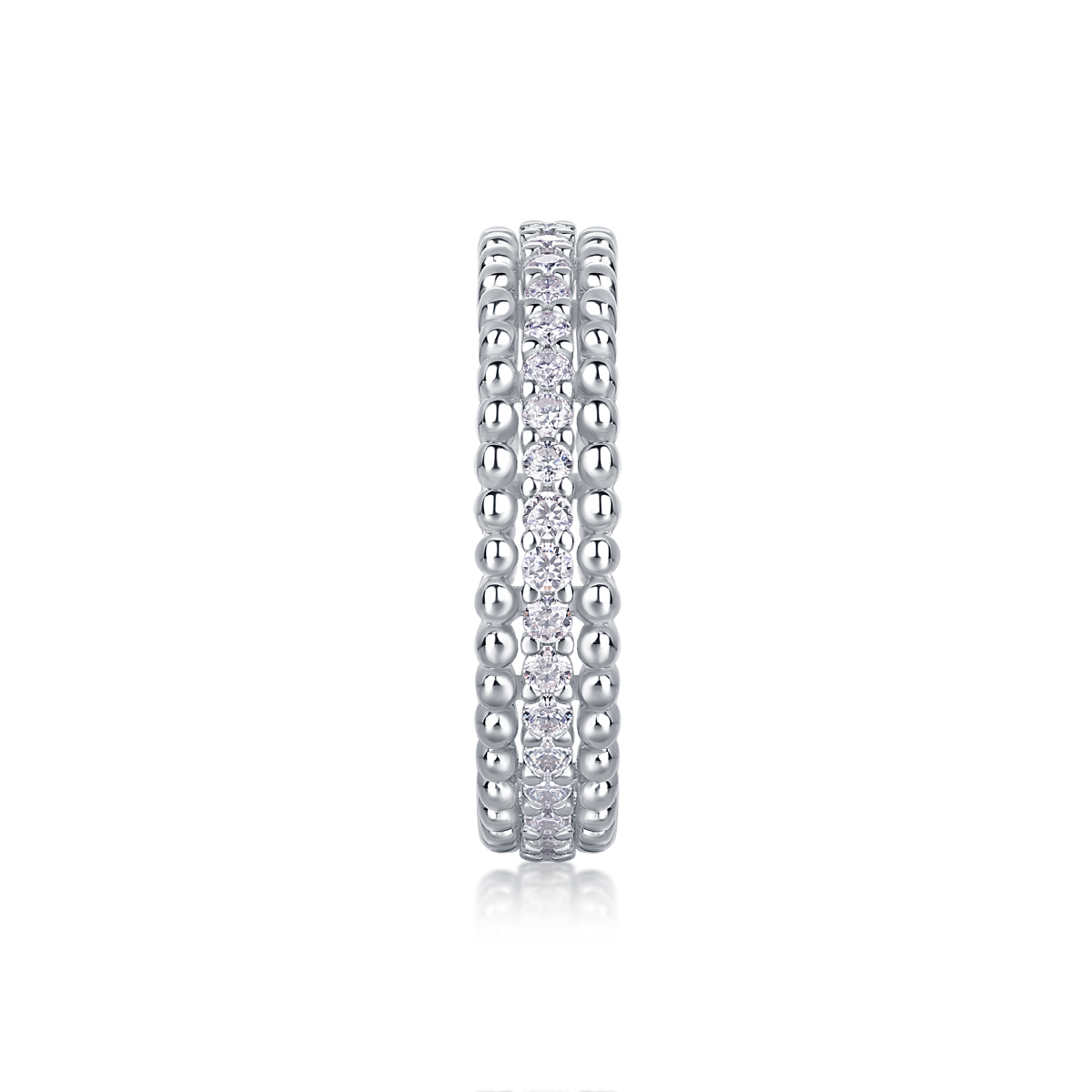 Silver 2.4g Platinum Plated Moissanite Ring, 4.3mm Beaded & Pave Band, D VVS1 GRA US 5-9