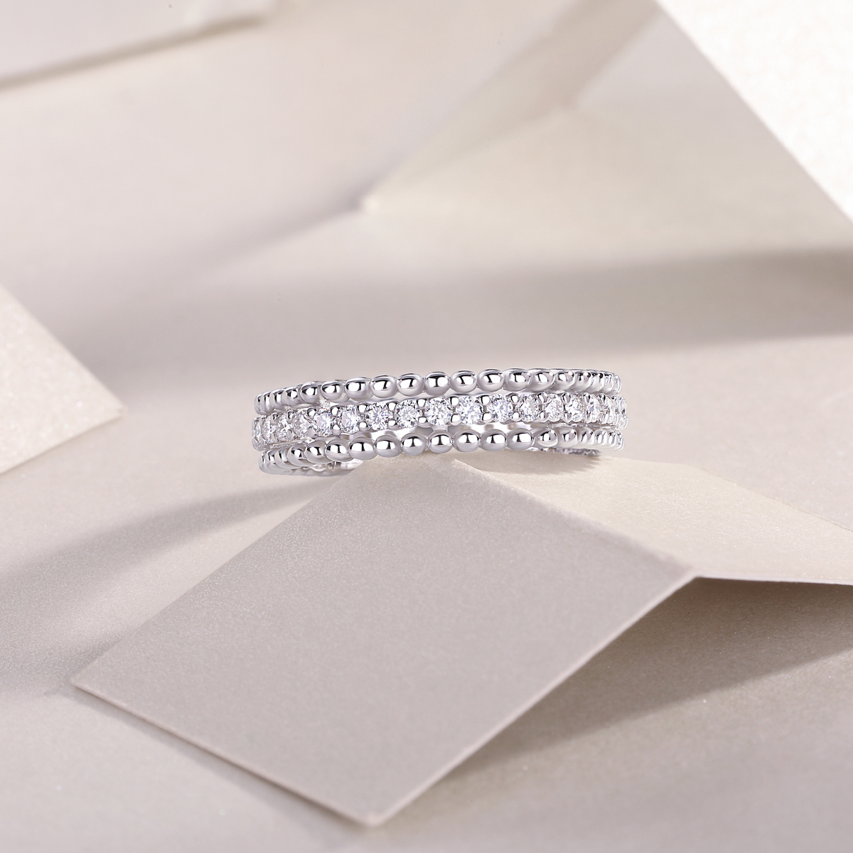 Silver 2.4g Platinum Plated Moissanite Ring, 4.3mm Beaded & Pave Band, D VVS1 GRA US 5-9