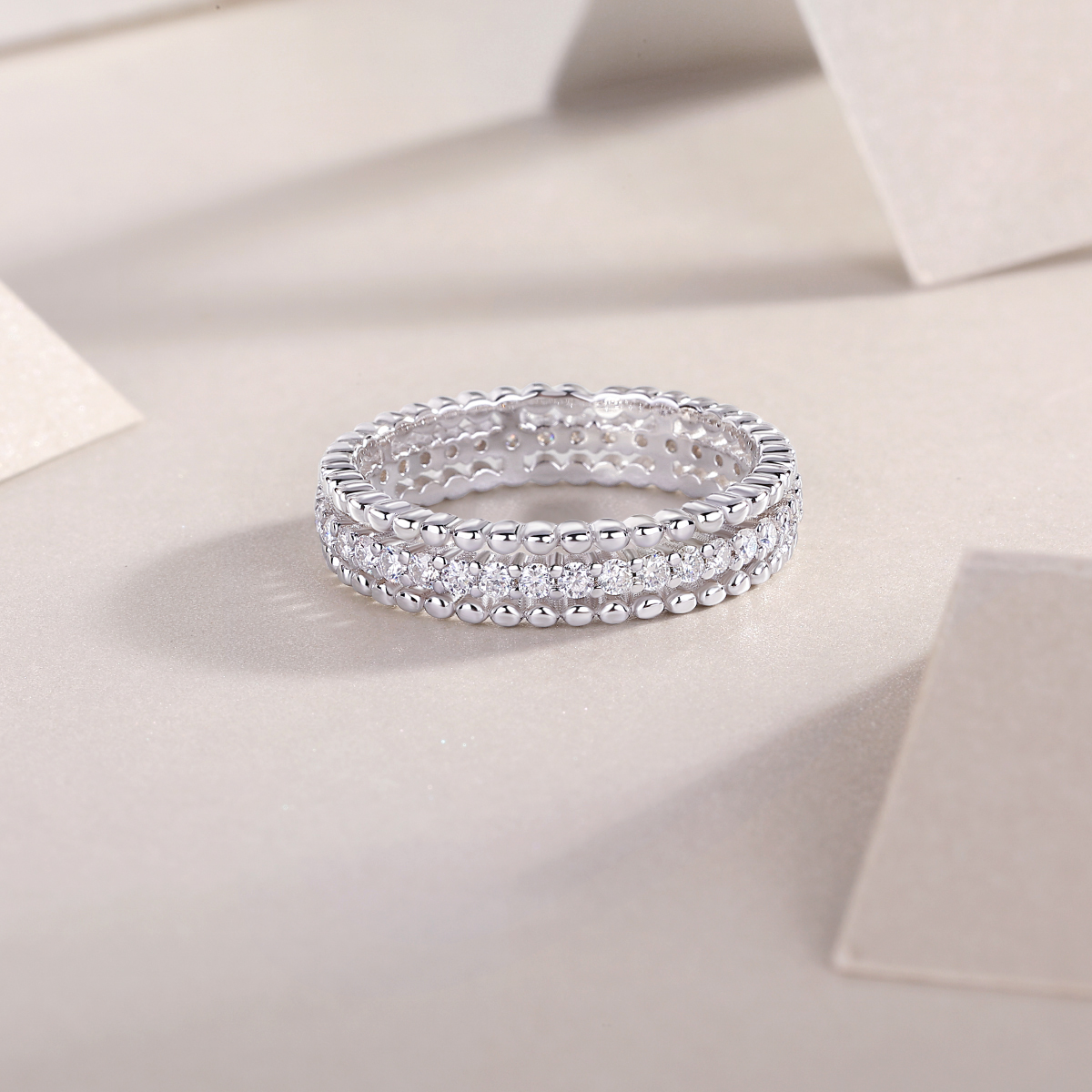 Silver 2.4g Platinum Plated Moissanite Ring, 4.3mm Beaded & Pave Band, D VVS1 GRA US 5-9