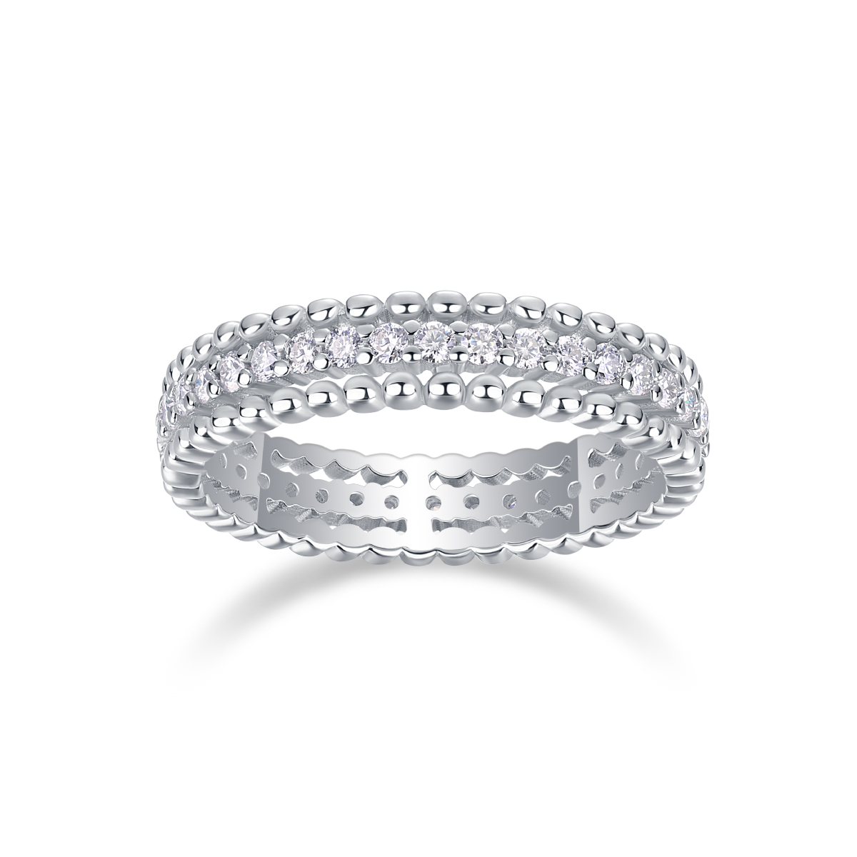 Silver 2.4g Platinum Plated Moissanite Ring, 4.3mm Beaded & Pave Band, D VVS1 GRA US 5-9