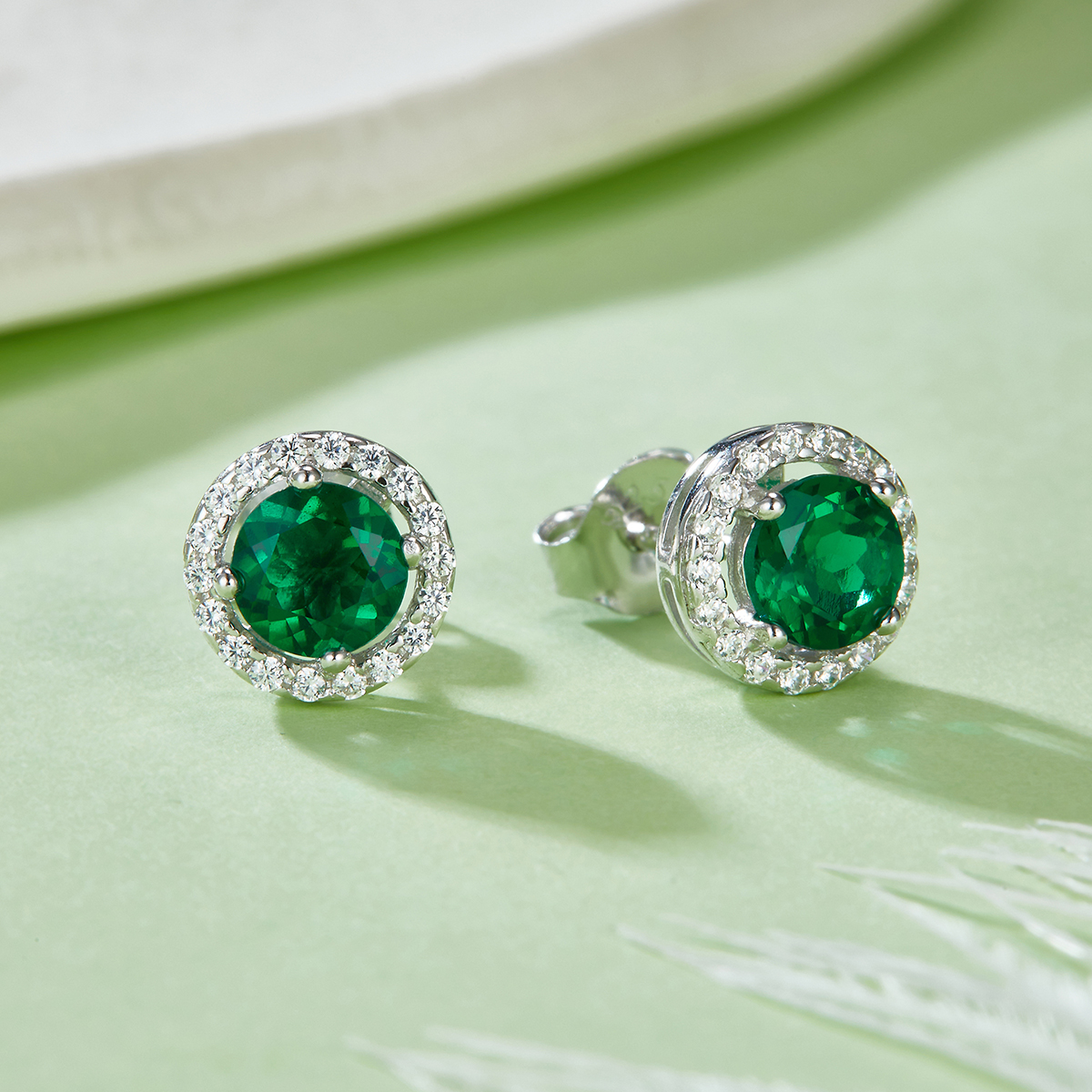 Silver 2.6g Lab-Created Emerald Halo Stud Earrings, 1ct 5mm, Pair
