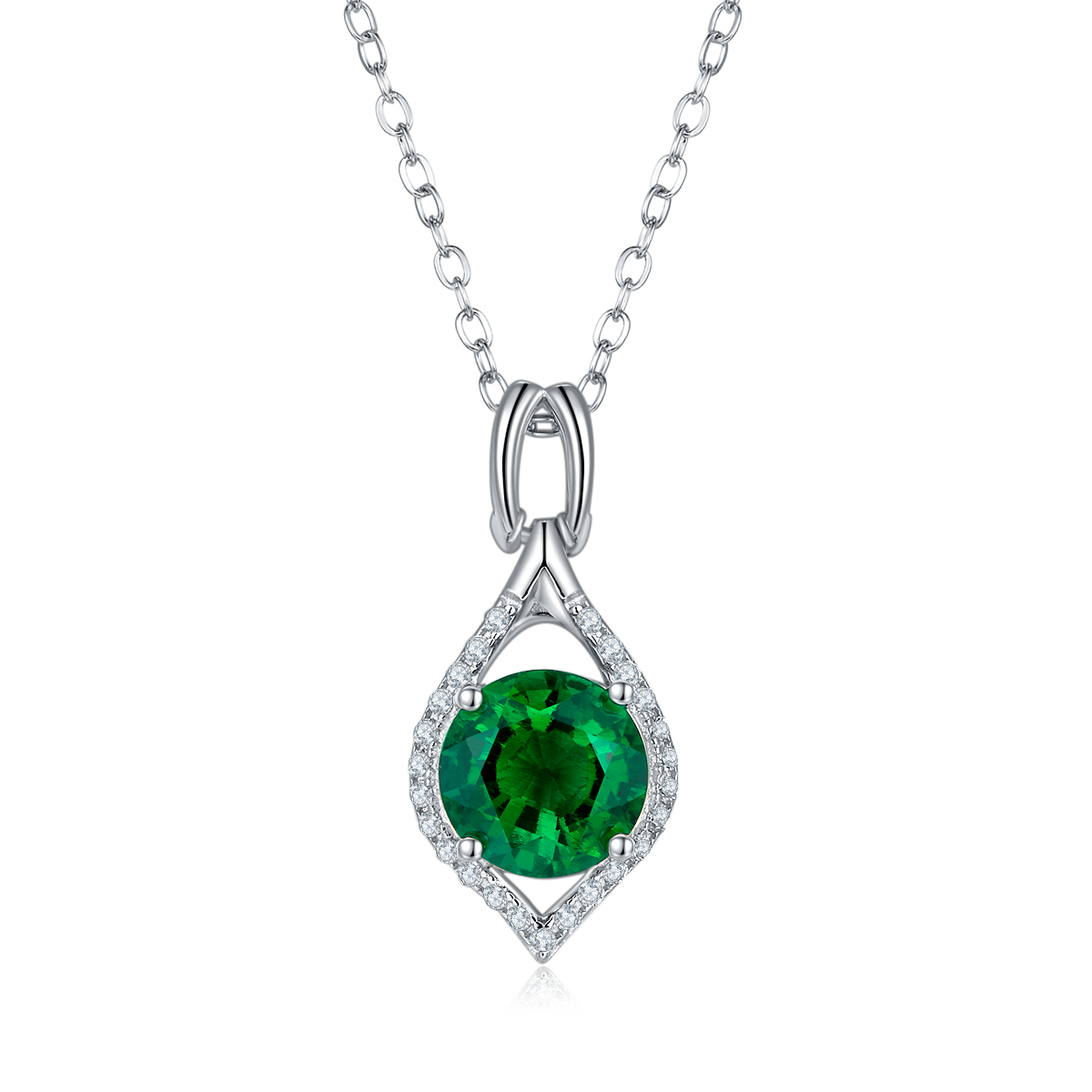 Silver 2.7g Platinum Plated 2.3ct Lab-Created Emerald Necklace, 8mm Halo Pendant, 40&5cm
