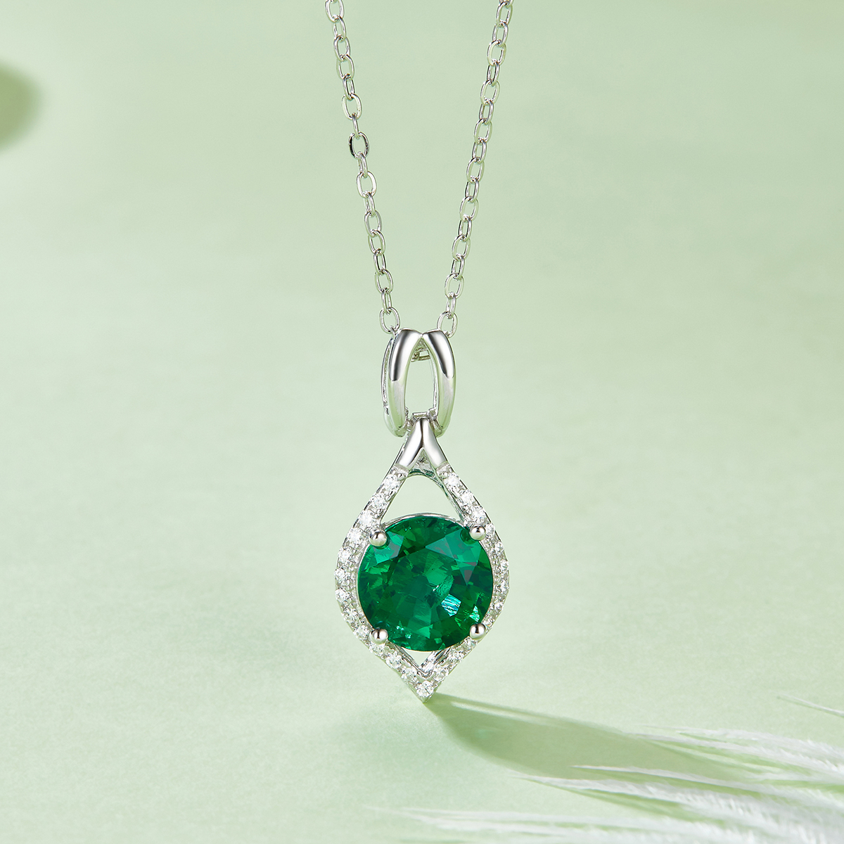Silver 2.7g Platinum Plated 2.3ct Lab-Created Emerald Necklace, 8mm Halo Pendant, 40&5cm
