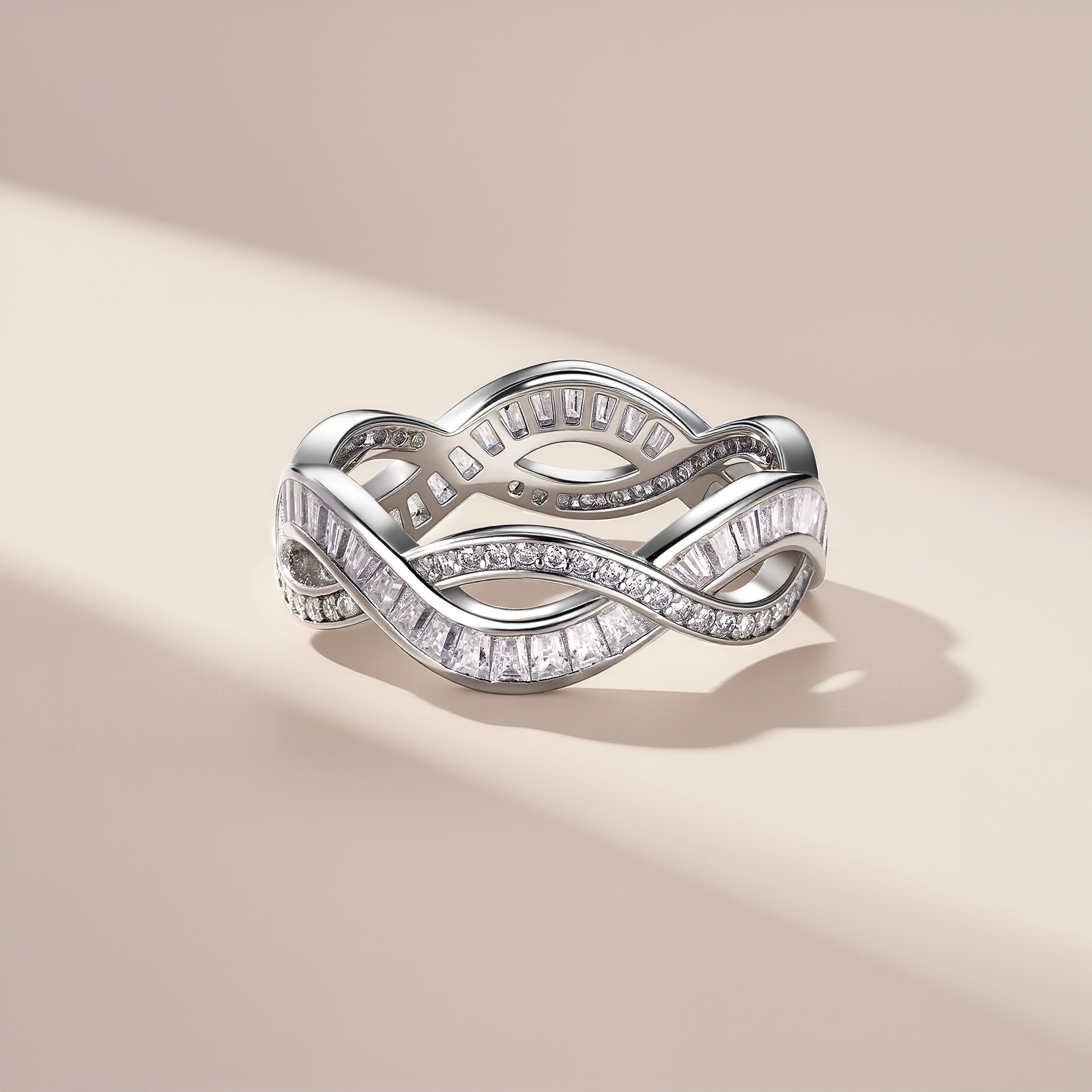 Silver 3g Baguette Moissanite Intertwined Ring, D VVS1, GRA US 5-8