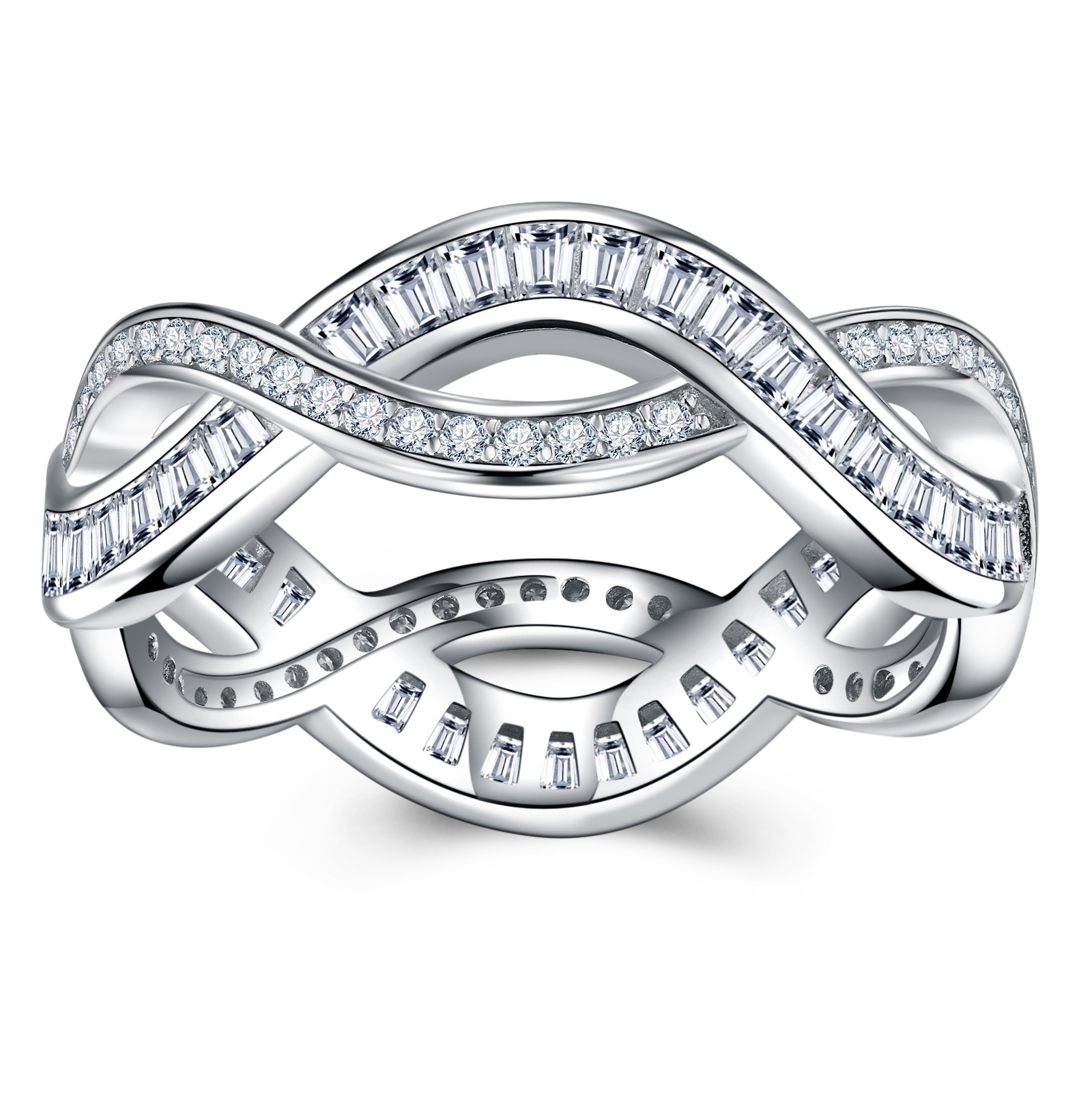 Silver 3g Baguette Moissanite Intertwined Ring, D VVS1, GRA US 5-8