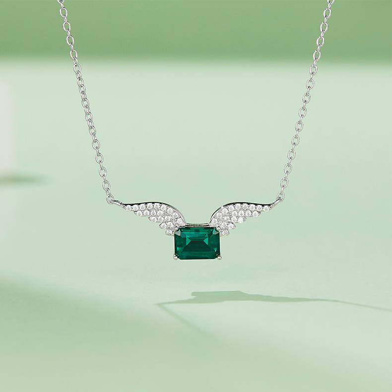 Silver 3g Platinum Plated 0.9ct Lab-Created Emerald Necklace, 7x5mm Angel Wings Pendant