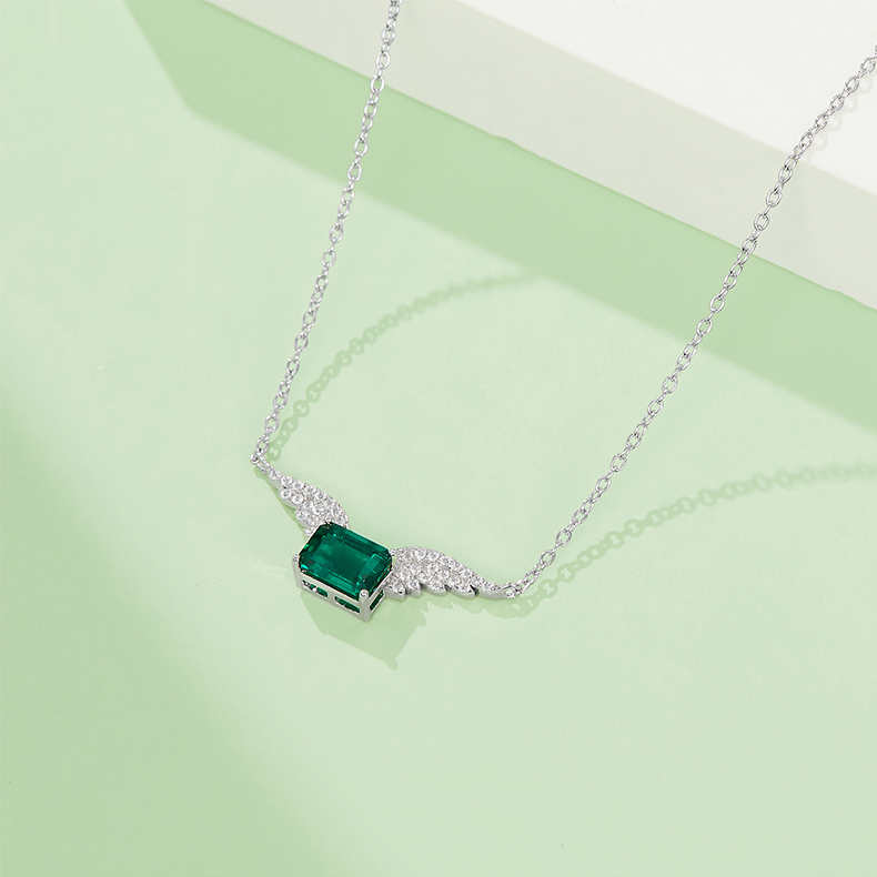 Silver 3g Platinum Plated 0.9ct Lab-Created Emerald Necklace, 7x5mm Angel Wings Pendant