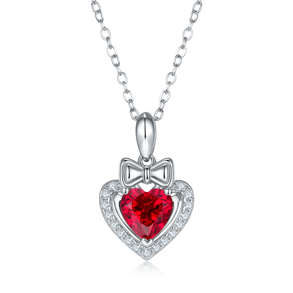 Silver 3g Platinum Plated 1.56ct Lab-Created Ruby Heart Necklace, 7mm Pendant, 40&5cm