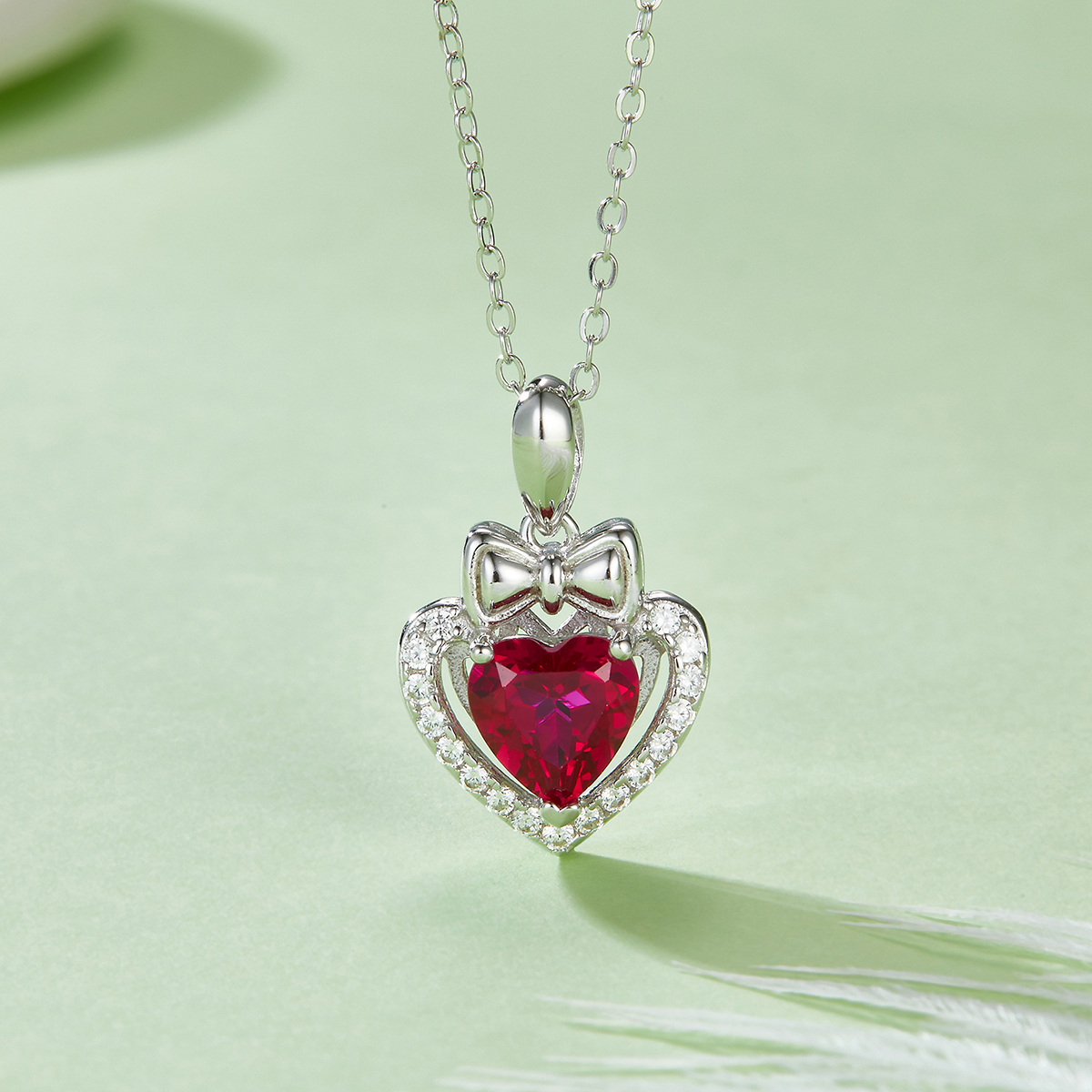 Silver 3g Platinum Plated 1.56ct Lab-Created Ruby Heart Necklace, 7mm Pendant, 40&5cm