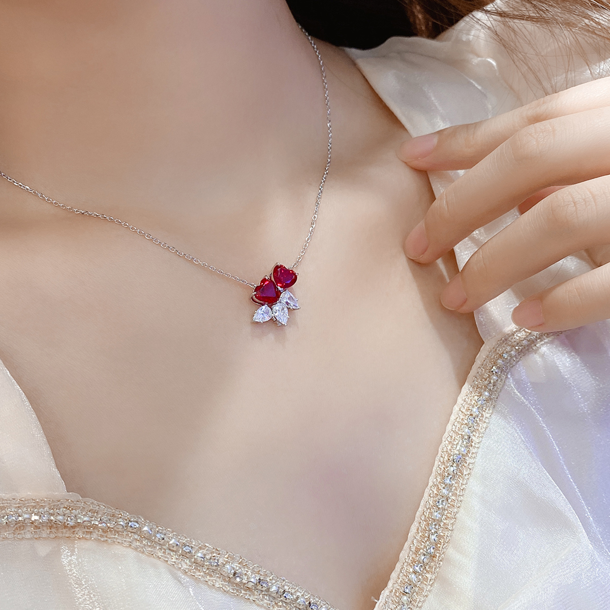 Silver 4.1g Double Heart Lab-Created Gemstone Necklace, 7mm Pendant, 4 Colors, 40&5cm