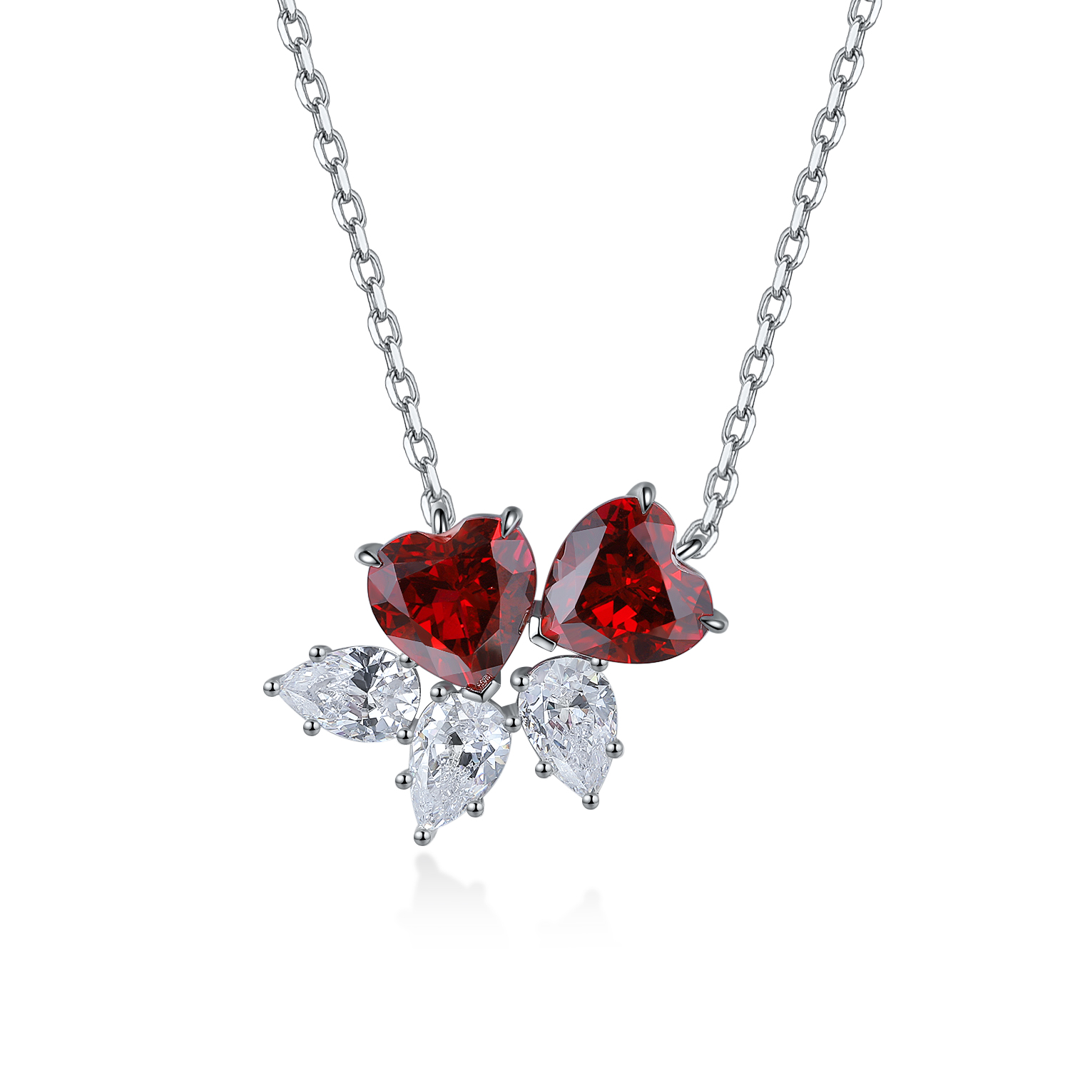 Silver 4.1g Double Heart Lab-Created Gemstone Necklace, 7mm Pendant, 4 Colors, 40&5cm