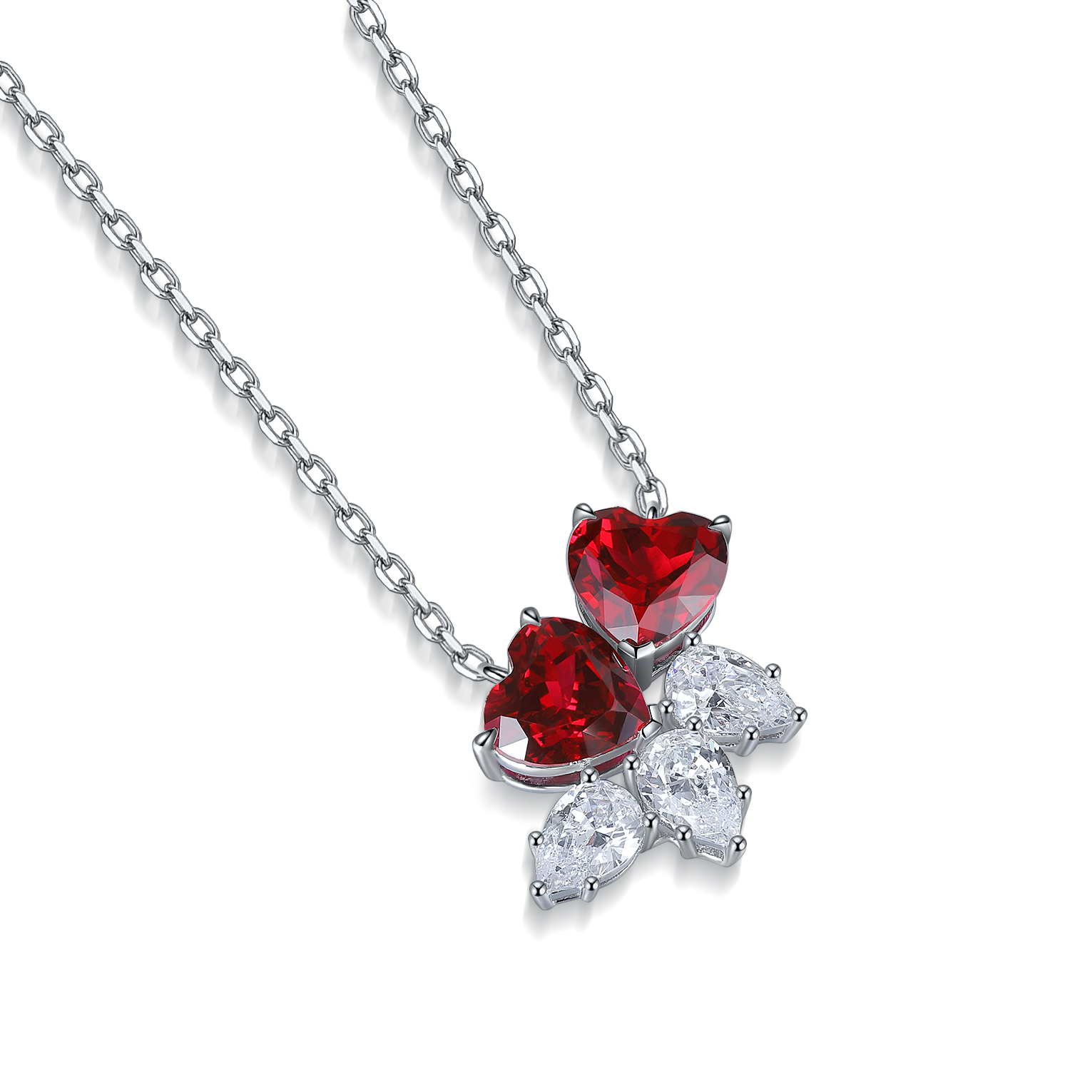 Silver 4.1g Double Heart Lab-Created Gemstone Necklace, 7mm Pendant, 4 Colors, 40&5cm