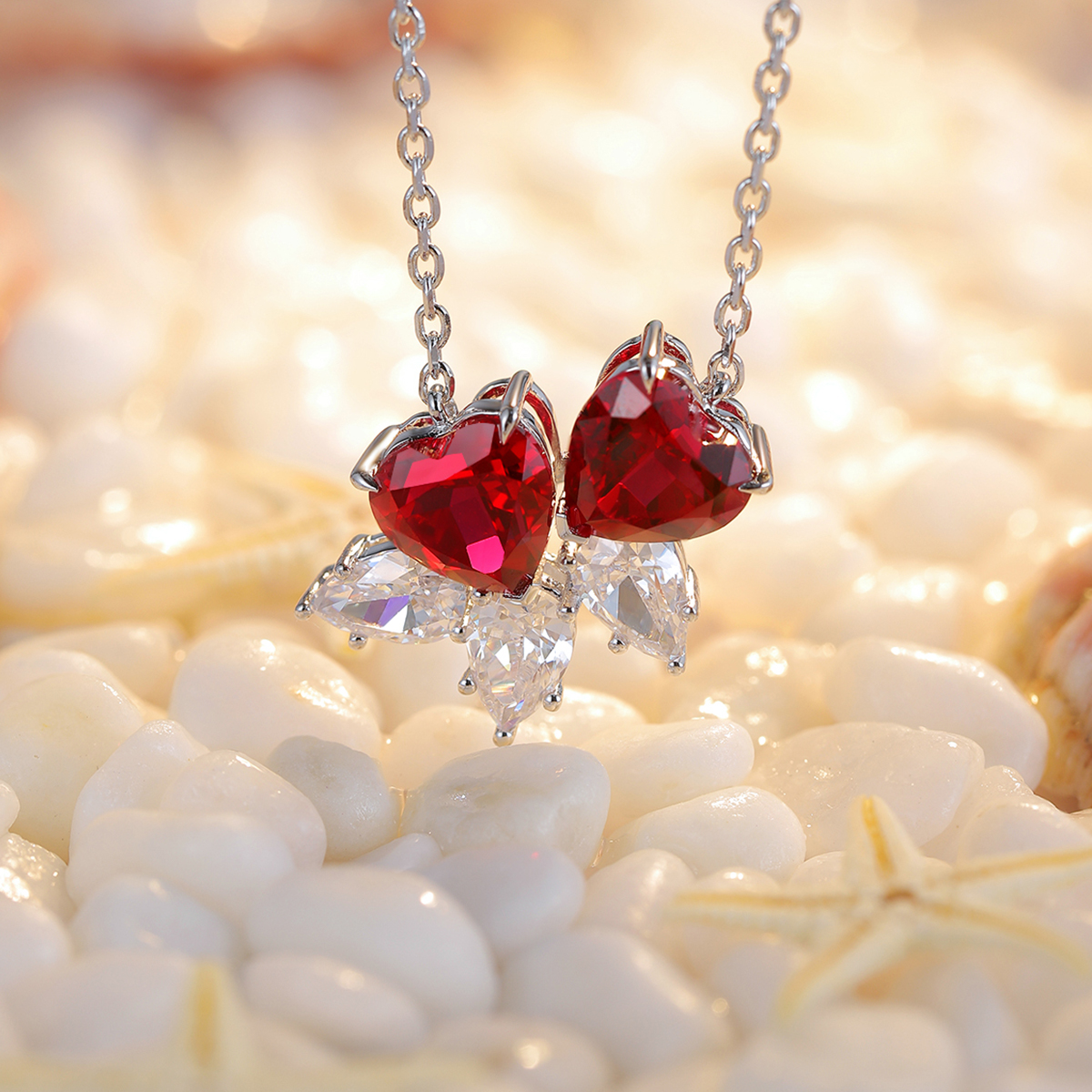 Silver 4.1g Double Heart Lab-Created Gemstone Necklace, 7mm Pendant, 4 Colors, 40&5cm