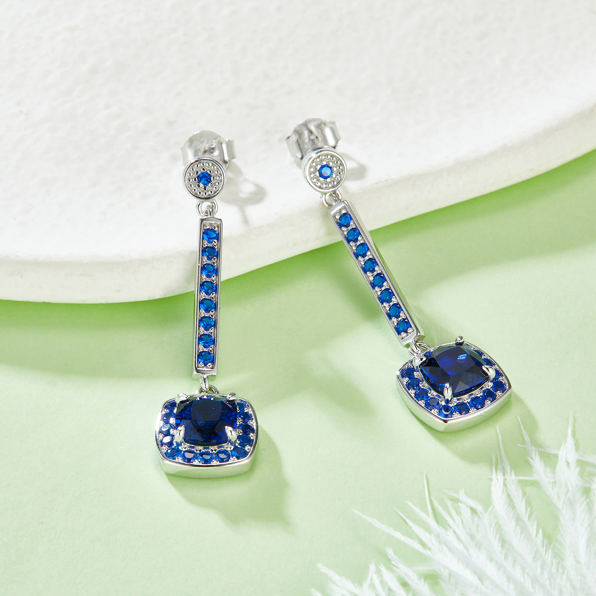 Silver 4.5g Lab-Created Sapphire Drop Earrings, 2ct 6x6mm Cushion, Pair