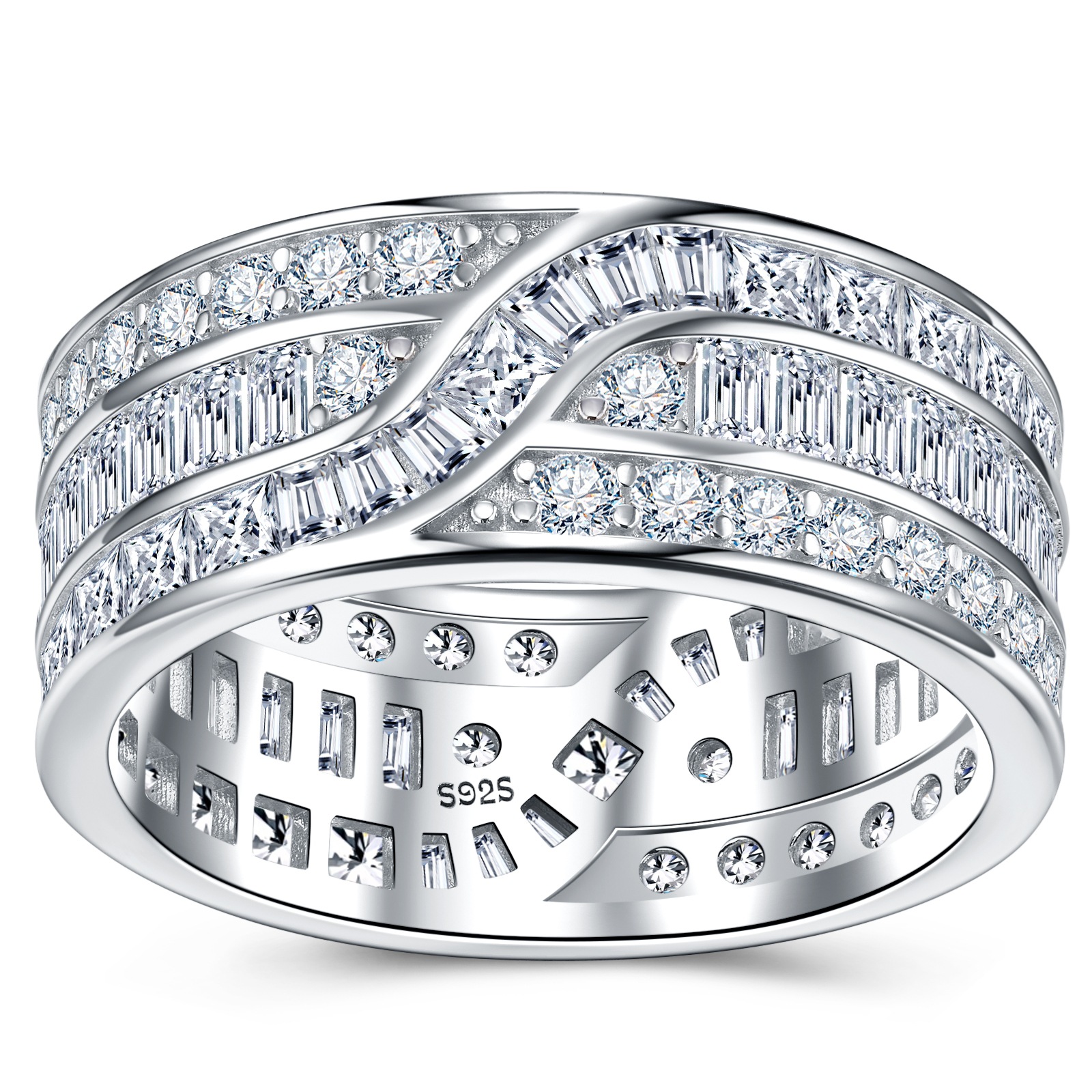 Silver 4.5g Wide Moissanite Eternity Band, Baguette & Round D VVS1, GRA Certified US 5-8