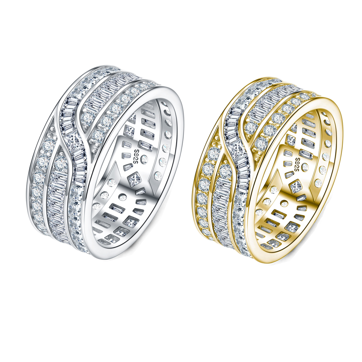Silver 4.5g Wide Moissanite Eternity Band, Baguette & Round D VVS1, GRA Certified US 5-8
