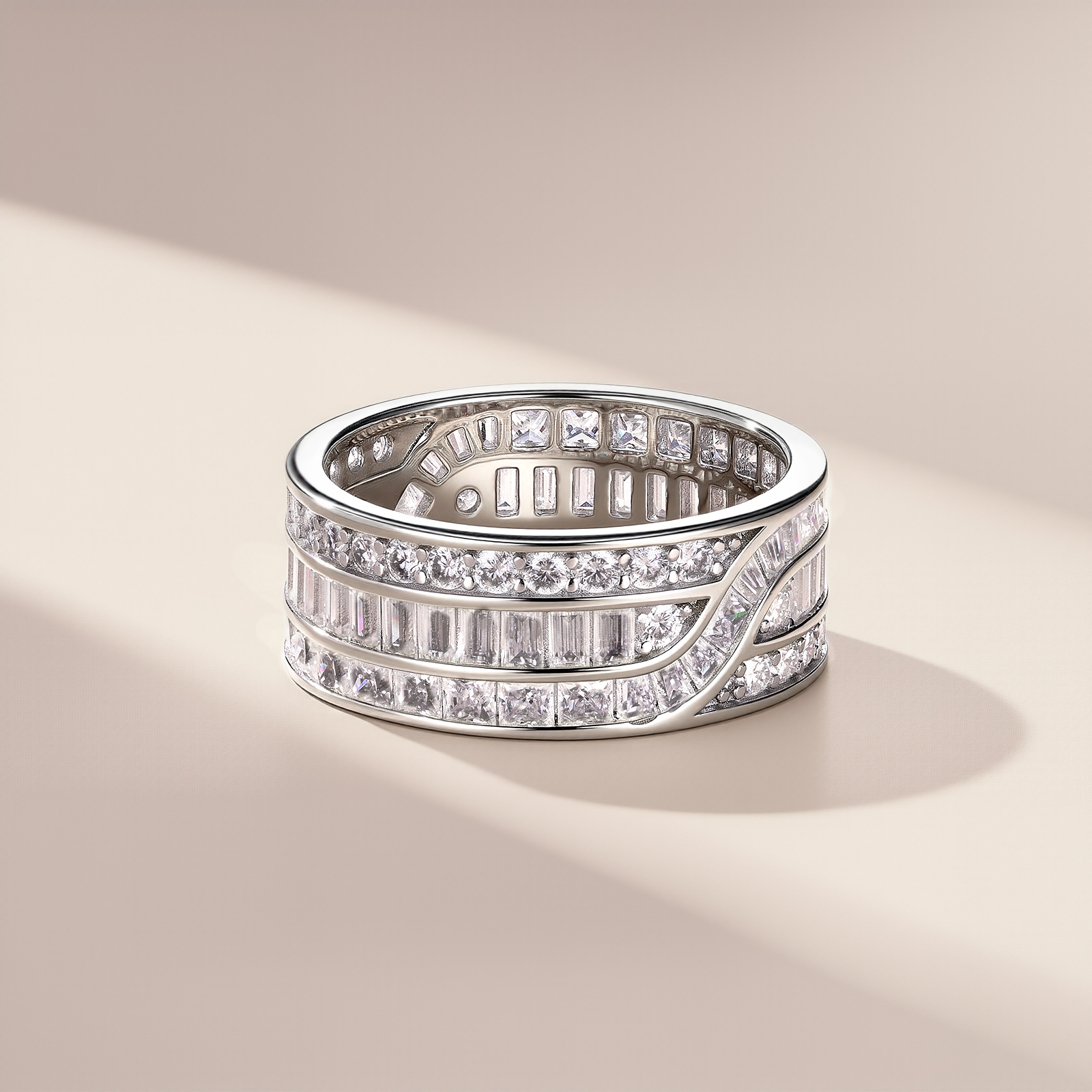 Silver 4.5g Wide Moissanite Eternity Band, Baguette & Round D VVS1, GRA Certified US 5-8