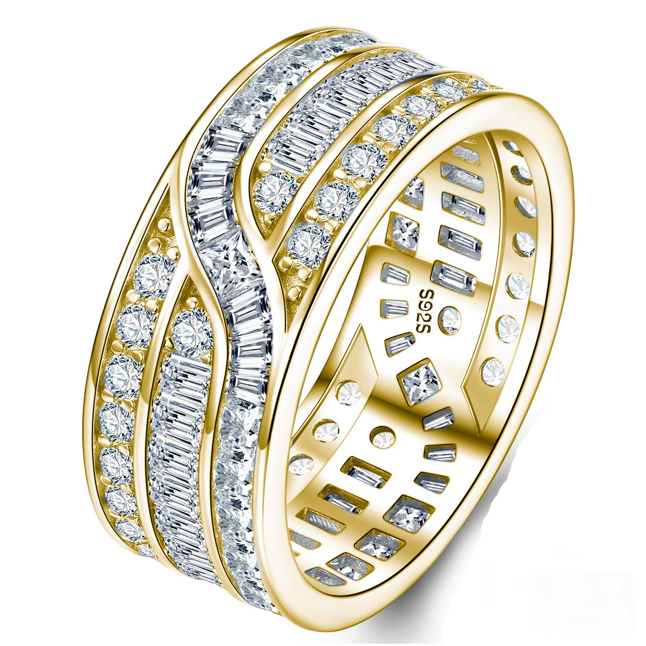 Silver 4.5g Wide Moissanite Eternity Band, Baguette & Round D VVS1, GRA Certified US 5-8