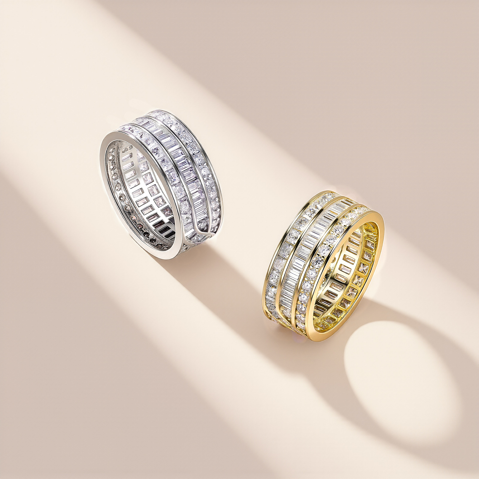 Silver 4.5g Wide Moissanite Eternity Band, Baguette & Round D VVS1, GRA Certified US 5-8