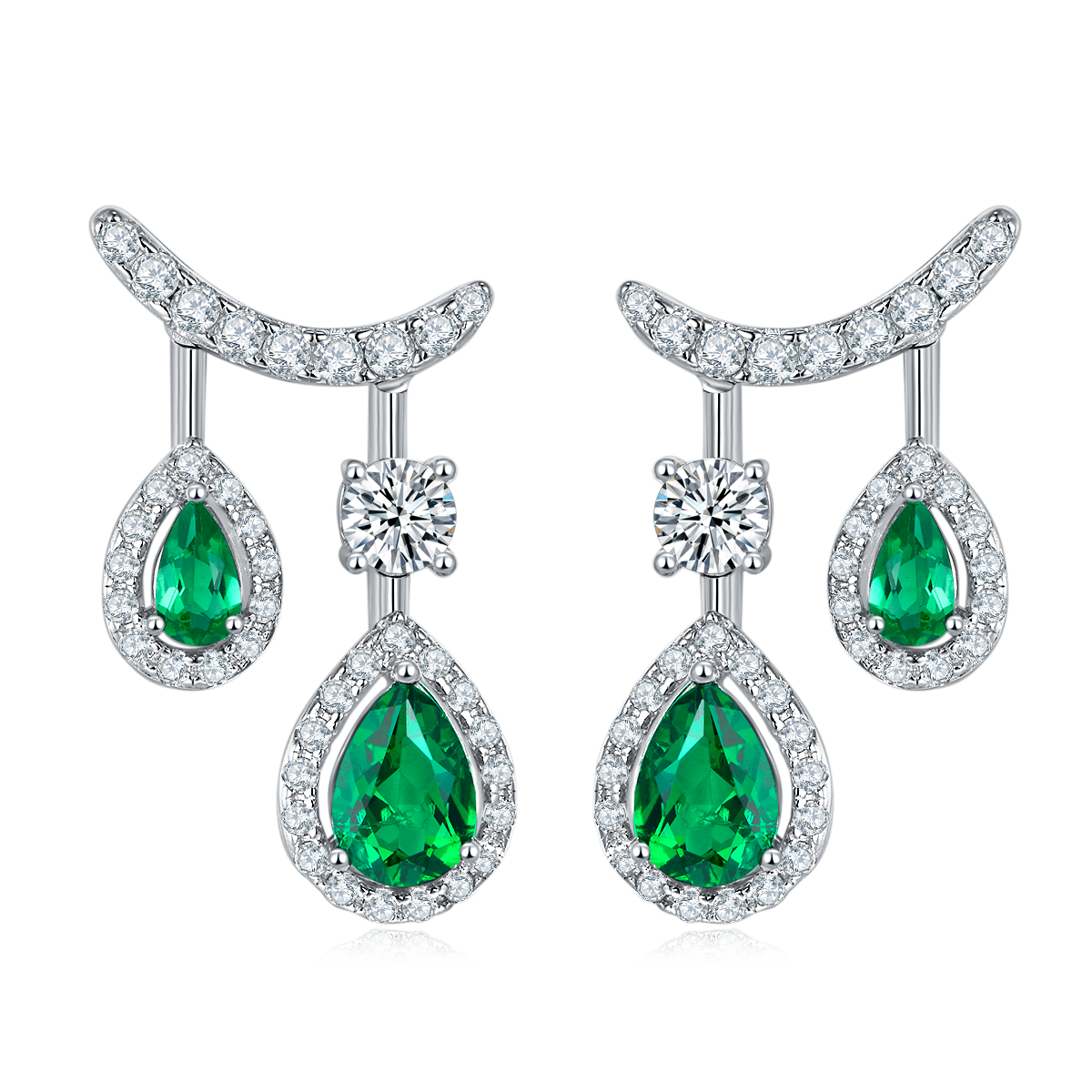 Silver 4.9g 1.53ct Lab-Created Emerald Drop Earrings, Double Pear