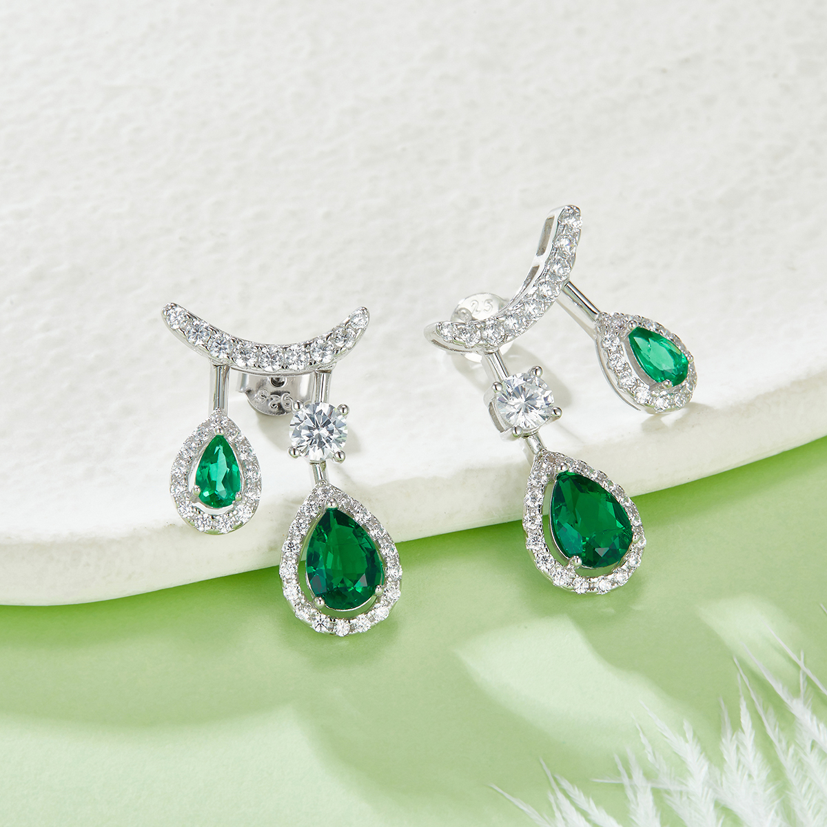 Silver 4.9g 1.53ct Lab-Created Emerald Drop Earrings, Double Pear