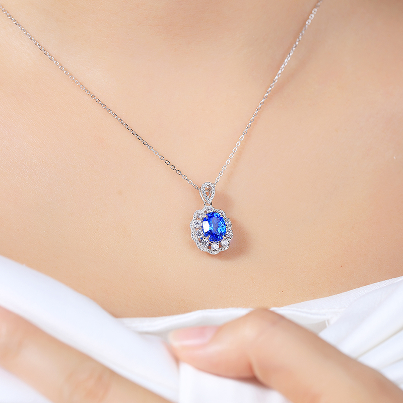 Silver 4g Lab-Created Cobalt Spinel Paraiba Necklace, 7x9mm Pendant, 40&5cm