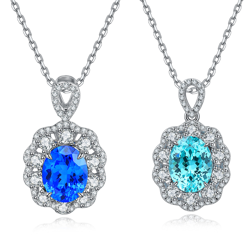 Silver 4g Lab-Created Cobalt Spinel Paraiba Necklace, 7x9mm Pendant, 40&5cm