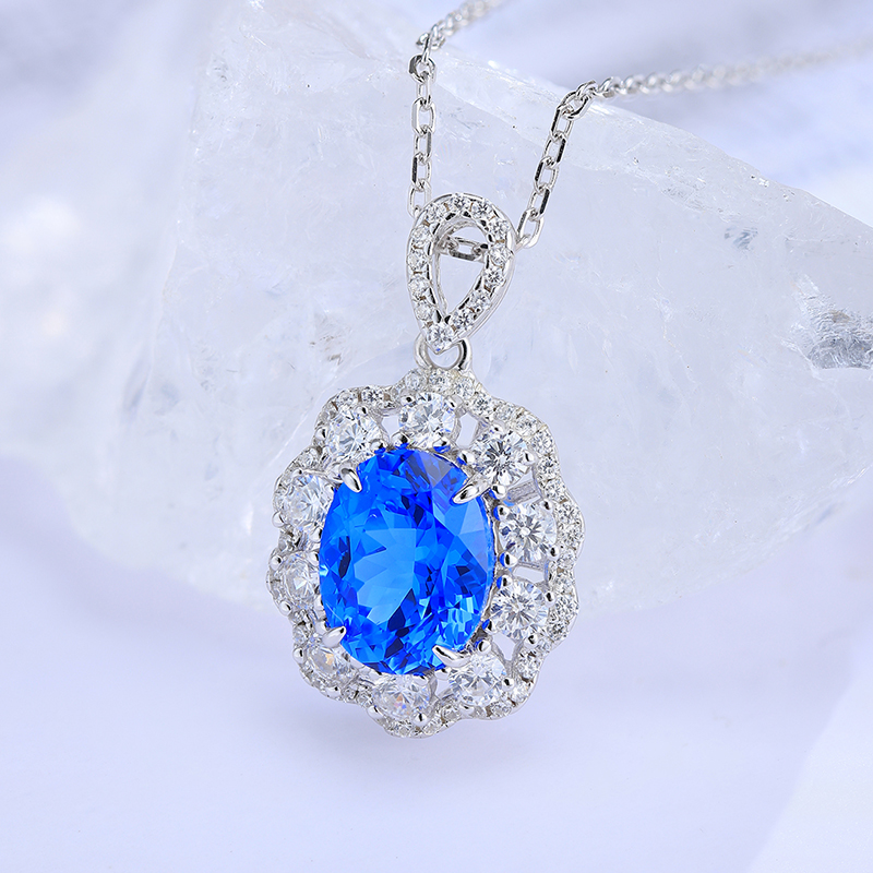 Silver 4g Lab-Created Cobalt Spinel Paraiba Necklace, 7x9mm Pendant, 40&5cm