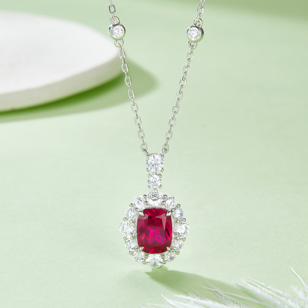 Silver 5g Platinum Plated 4ct Lab-Created Ruby Necklace, 9x7mm Halo Pendant, 40&5cm